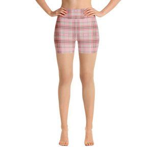 Pink Green Plaid Patterned Cute Yoga Shorts